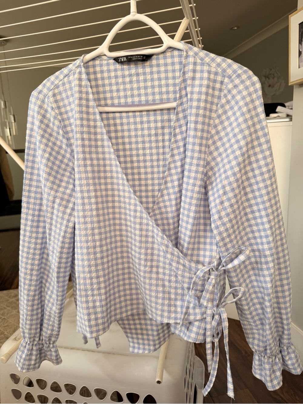 Zara Light Blue and White Gingham Wrap Blouse